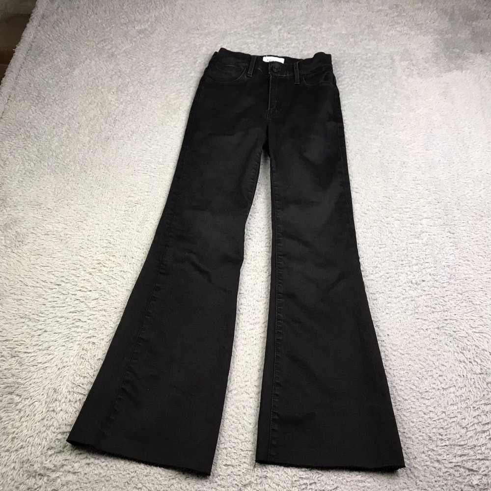 Frame Le Easy Flare Jeans Womens 24 (24x26) Black Finn Raw Hem Crop Stretch